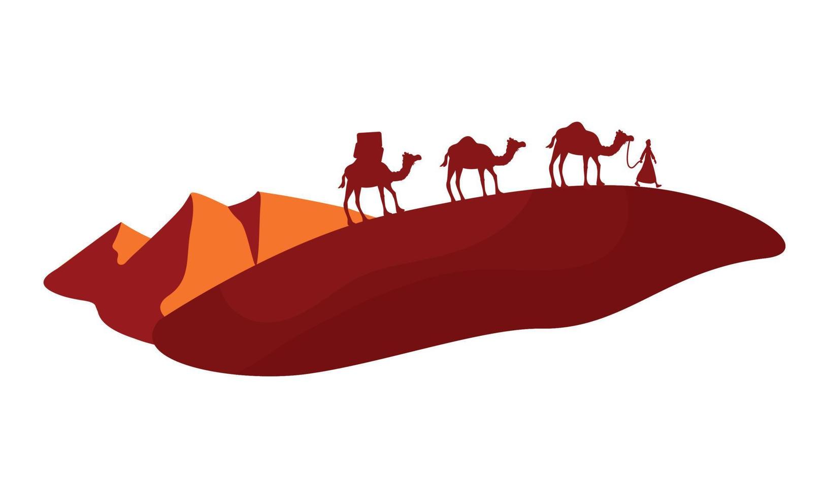 carovana di cammelli che attraversa l'illustrazione isolata del vettore 2d del deserto