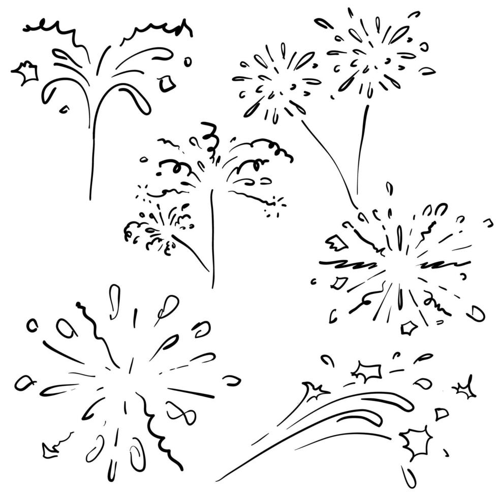 doodle fuochi d'artificio festivi, fuochi d'artificio per feste celebrative, raccolta di illustrazioni di petardi per festival in stile disegnato a mano vettore