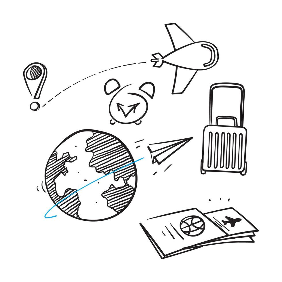 viaggio di doodle disegnato a mano e icona dell'illustrazione relativa al viaggio isolata vettore