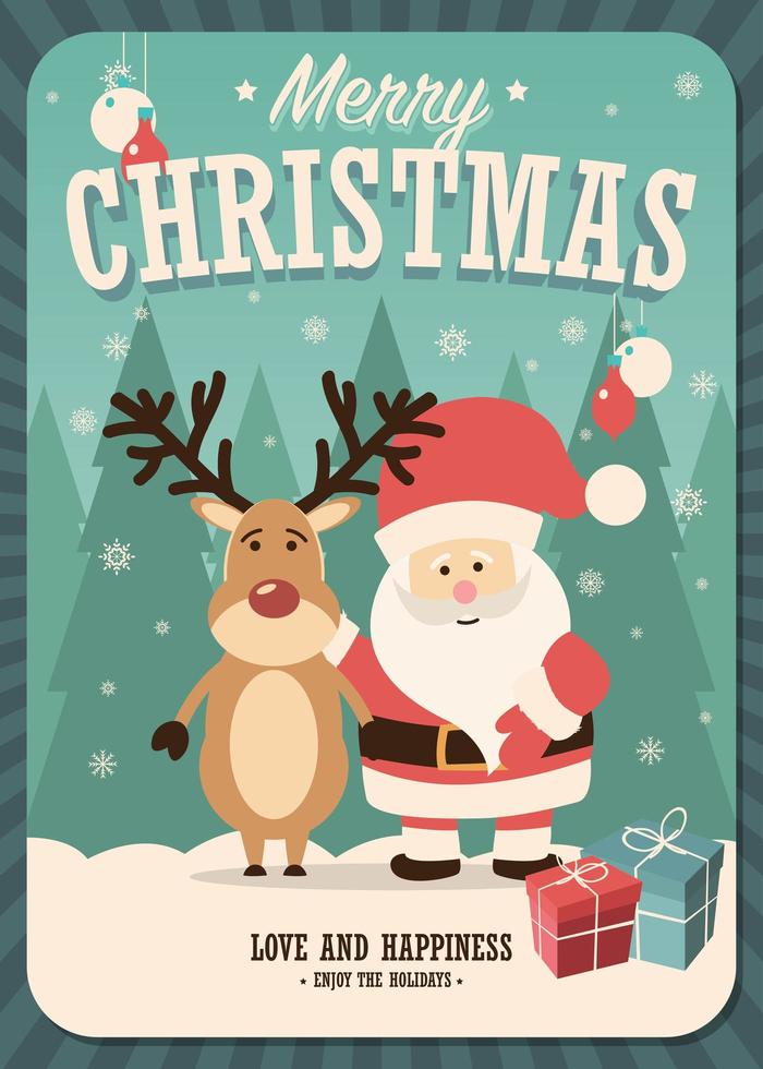 Cartolina di Natale con Babbo Natale e renne e scatole regalo vettore
