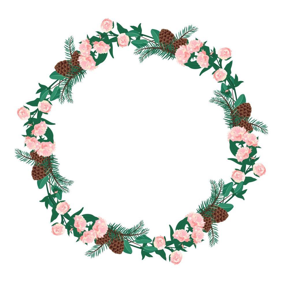 corona rotonda di fiori di peonia rosa con aghi e coni di abete. composizione a fioritura primaverile o cornice con foglie. decorazione festiva per matrimoni, vacanze e cartoline. illustrazione vettoriale