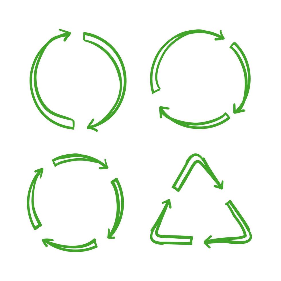 il simbolo della freccia di riciclo scarabocchio significa utilizzare lo stile disegnato a mano delle risorse riciclate vettore