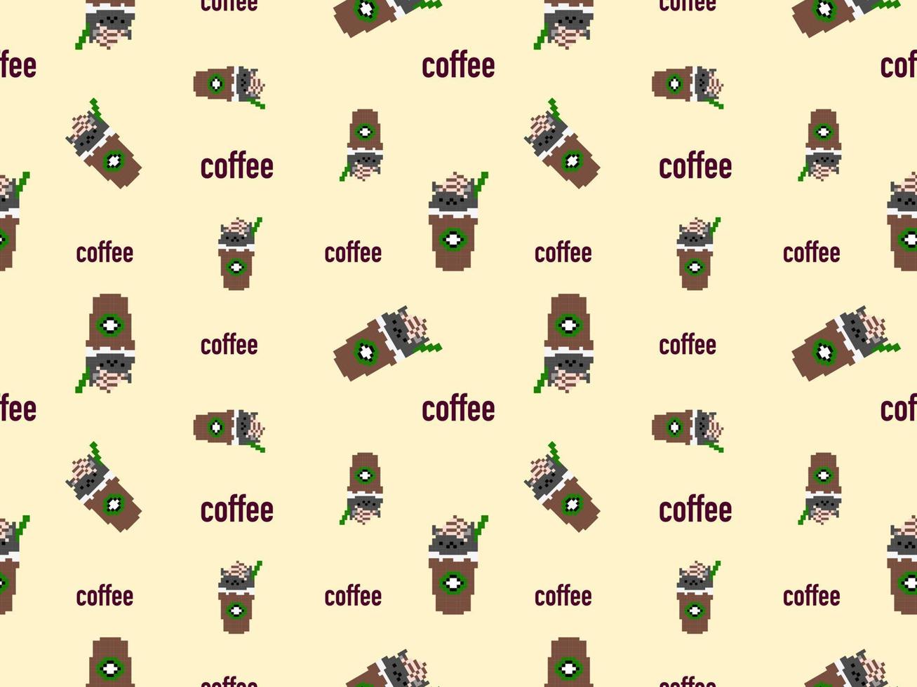 modello senza cuciture del personaggio dei cartoni animati del caffè su stile background.pixel giallo vettore