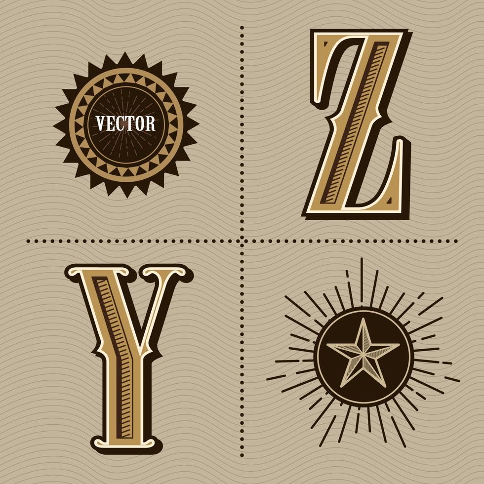 lettere dell'alfabeto occidentale vettore di design vintage y, z