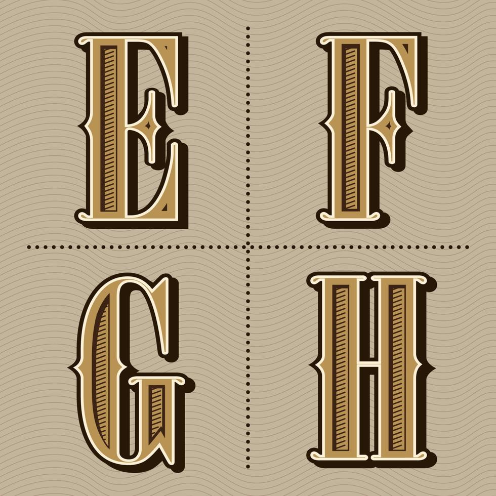 lettere dell'alfabeto occidentale vettore di design vintage e, f, g, h