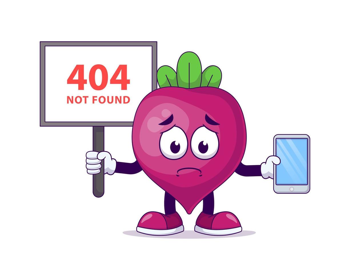 con cartello 404 non trovato mascotte dei cartoni animati di barbabietola vettore