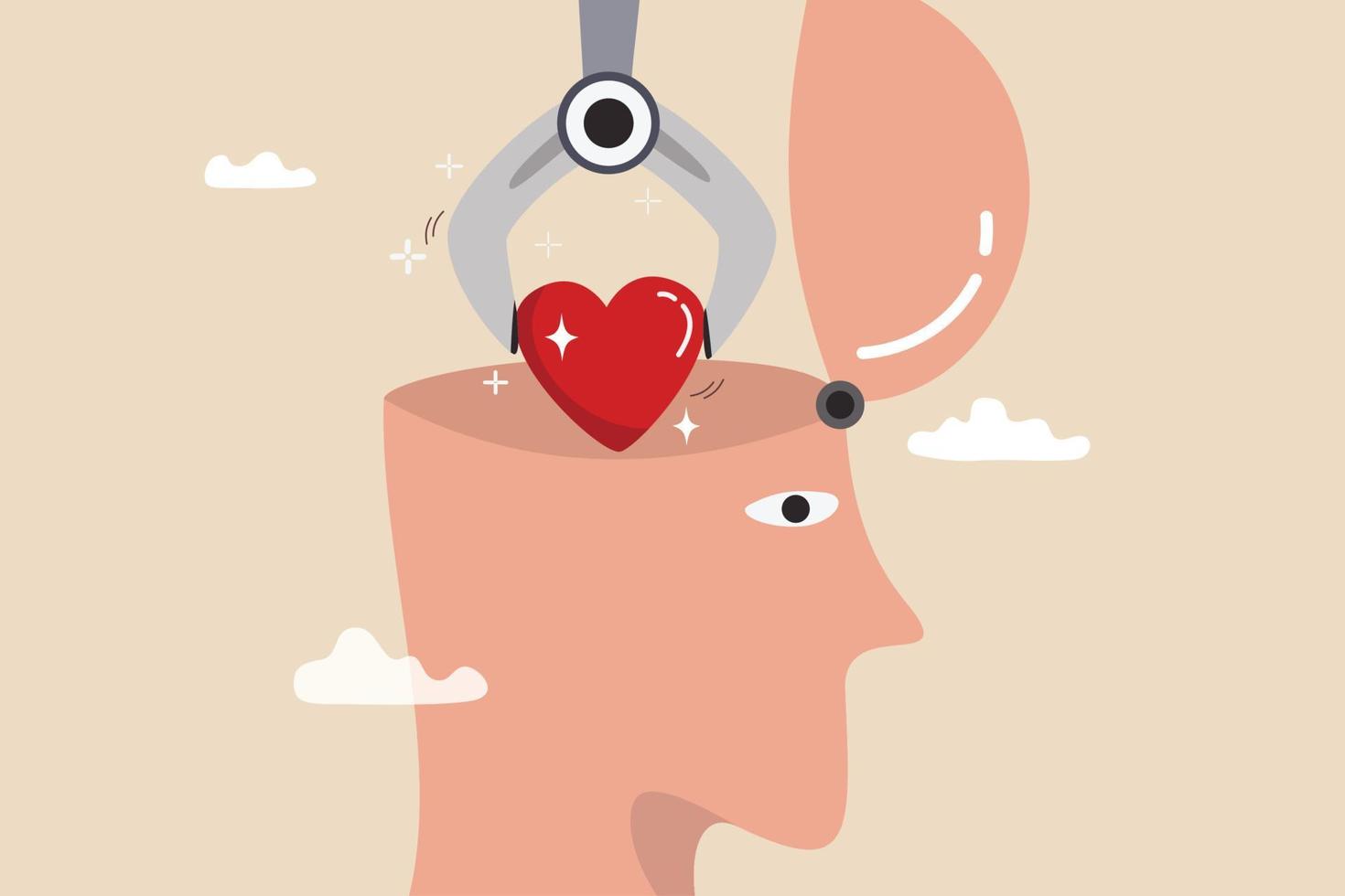 capacità di intelligenza emotiva di comprendere le emozioni e controllare il modo positivo di sé, equilibrio tra cuore e cervello, concetto di ragione ed emozione, macchina che mette a forma di cuore positivo nel cervello umano. vettore