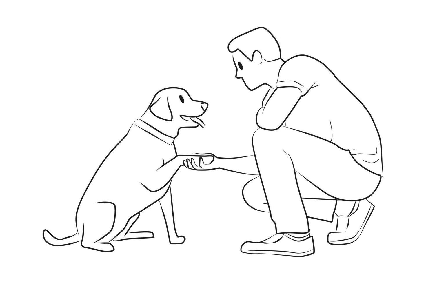 un uomo che addestra il suo cane come tenere la mano illustrazione del fumetto di vettore del profilo
