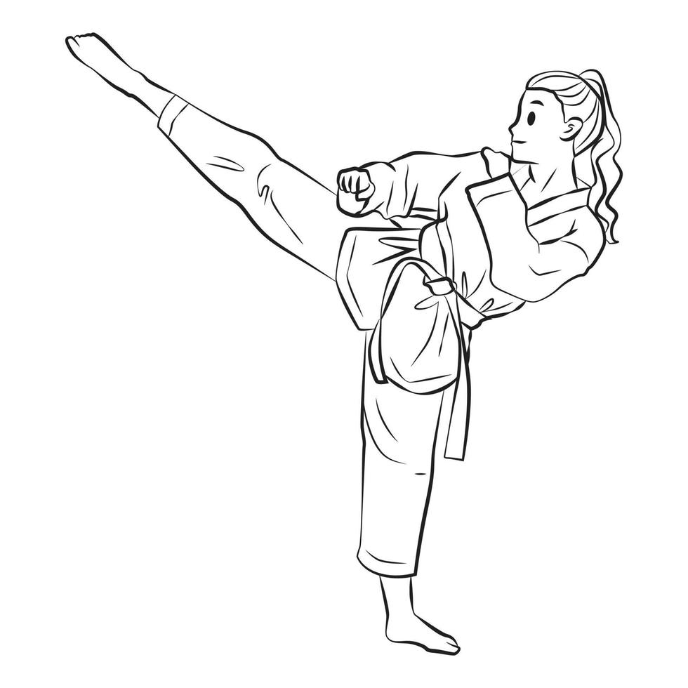 ragazza pratica calcio alto taekwondo arti marziali contorno vettore fumetto illustrazione