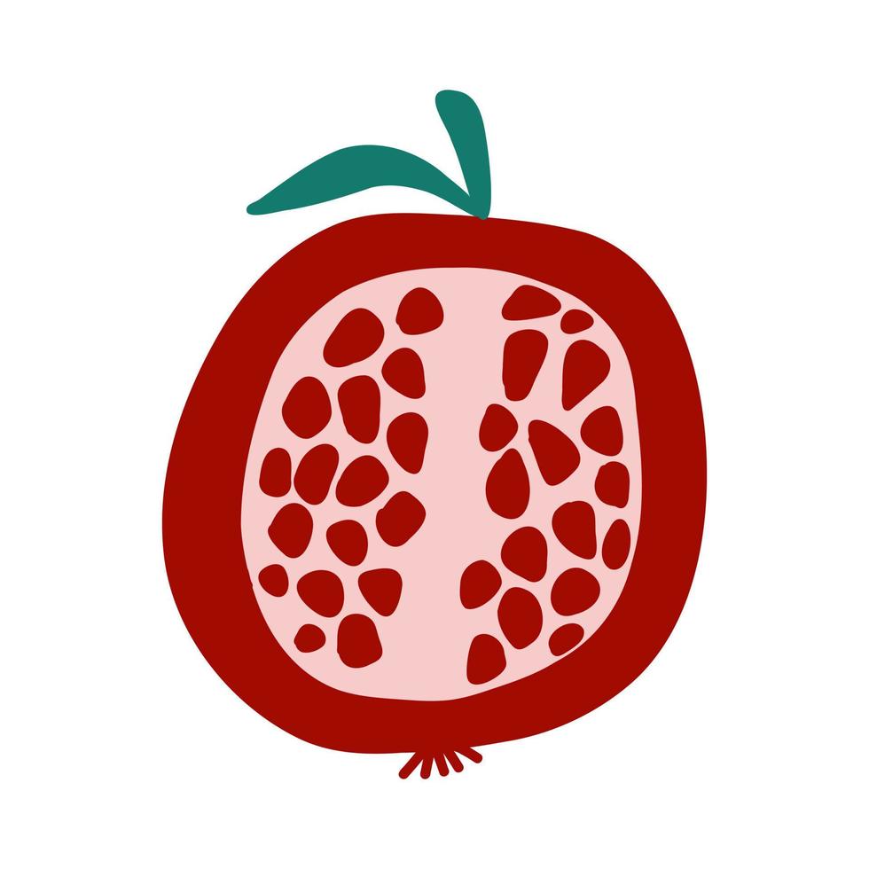 melograno tagliato a metà con foglia verde e semi rossi in stile piatto cartone animato su sfondo bianco. illustrazione vettoriale di frutta fresca colorata