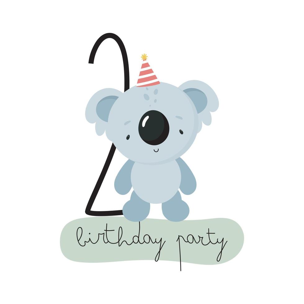 festa di compleanno, biglietto di auguri, invito a una festa. illustrazione per bambini con koala carino e il numero due. illustrazione vettoriale in stile cartone animato.