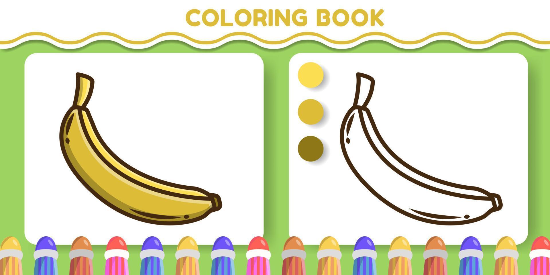 libro da colorare di doodle del fumetto disegnato a mano di banana colorata e bianca e nera per i bambini vettore