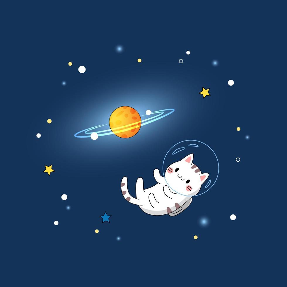 un simpatico gatto astronauta vola nello spazio ed esplora nuovi pianeti e stelle. illustrazione di kawaii del fumetto di vettore