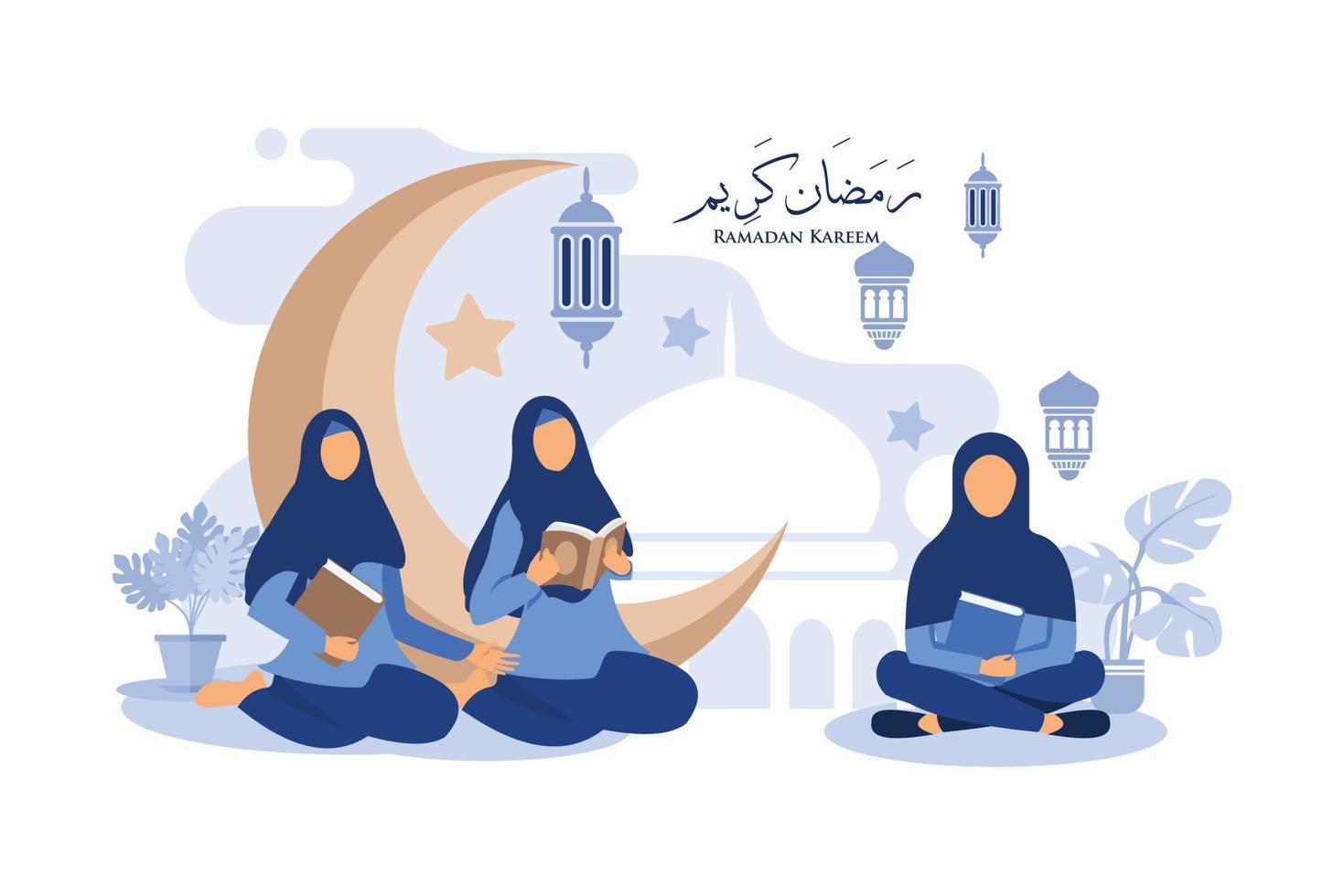donne con l'hijab che legge l'illustrazione di vettore del corano. felice eid mubarak e concetto di ramadan
