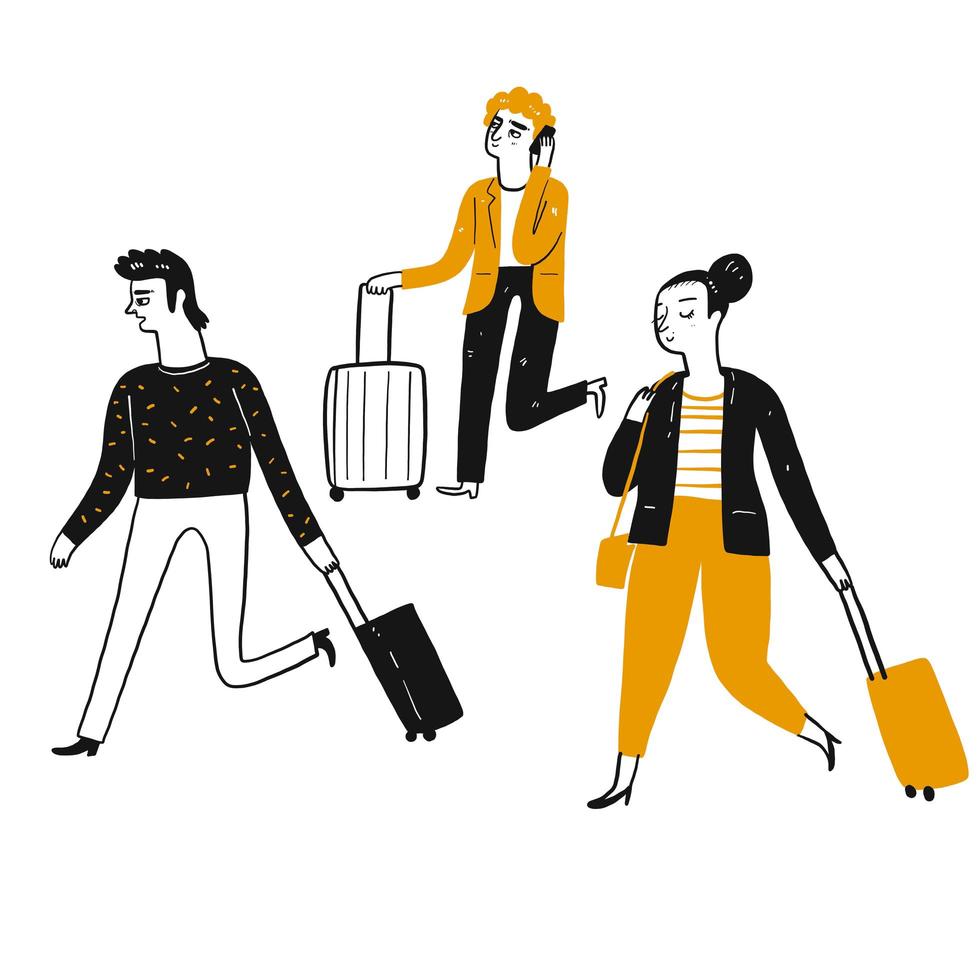 Turisti, viaggiatori che tirano valigie vettore