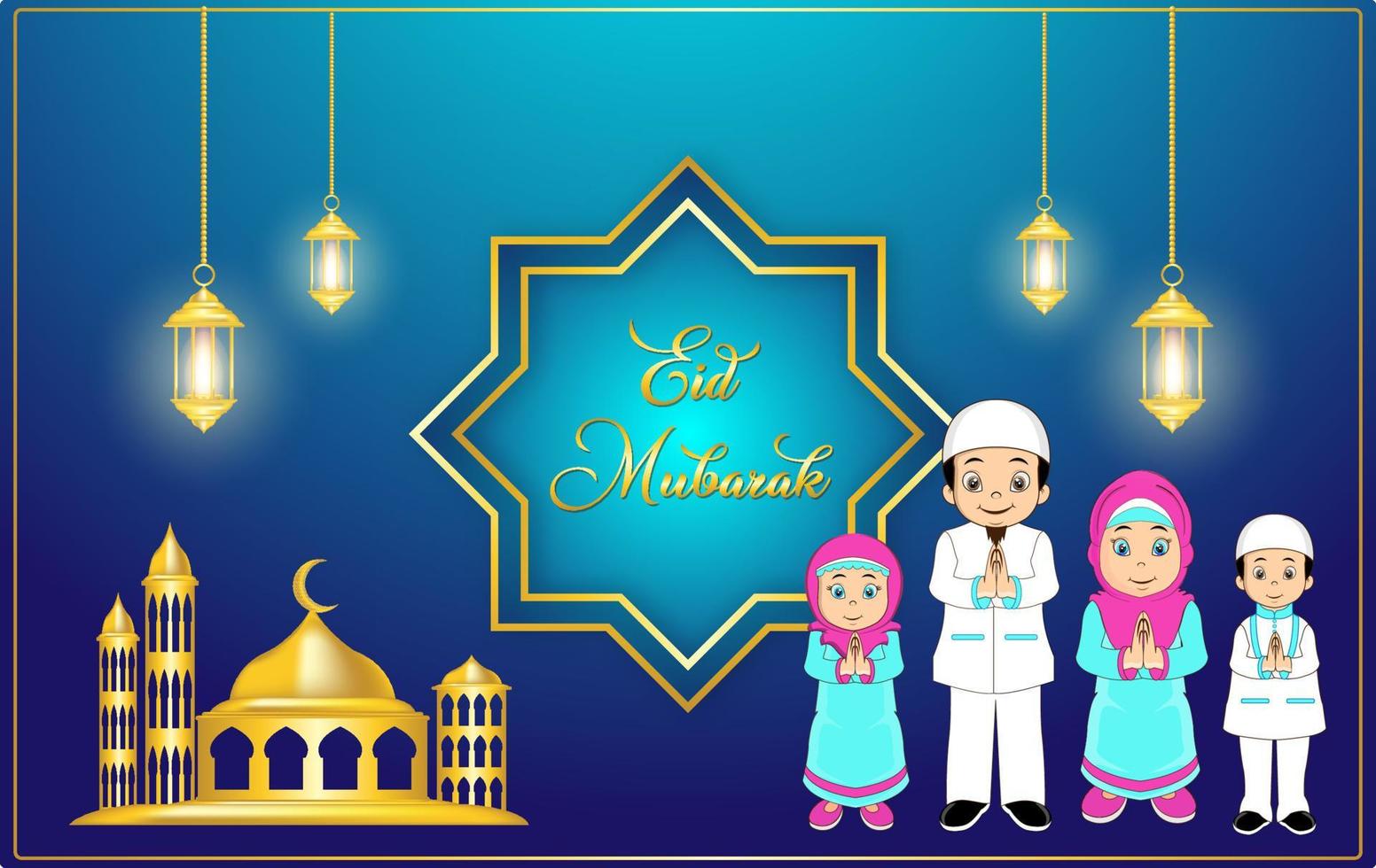 eid mubarak cartone animato famiglia musulmana benedizione eid al fitr con moschea e lanterna vettore