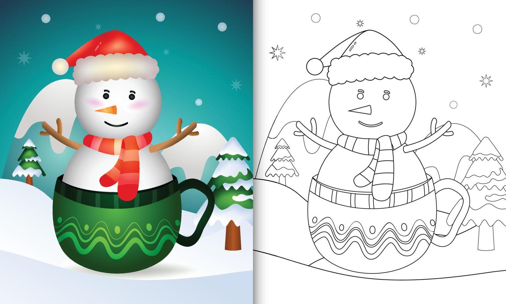 libro da colorare con un simpatico pupazzo di neve personaggi di natale con un cappello da babbo natale e una sciarpa nella tazza vettore