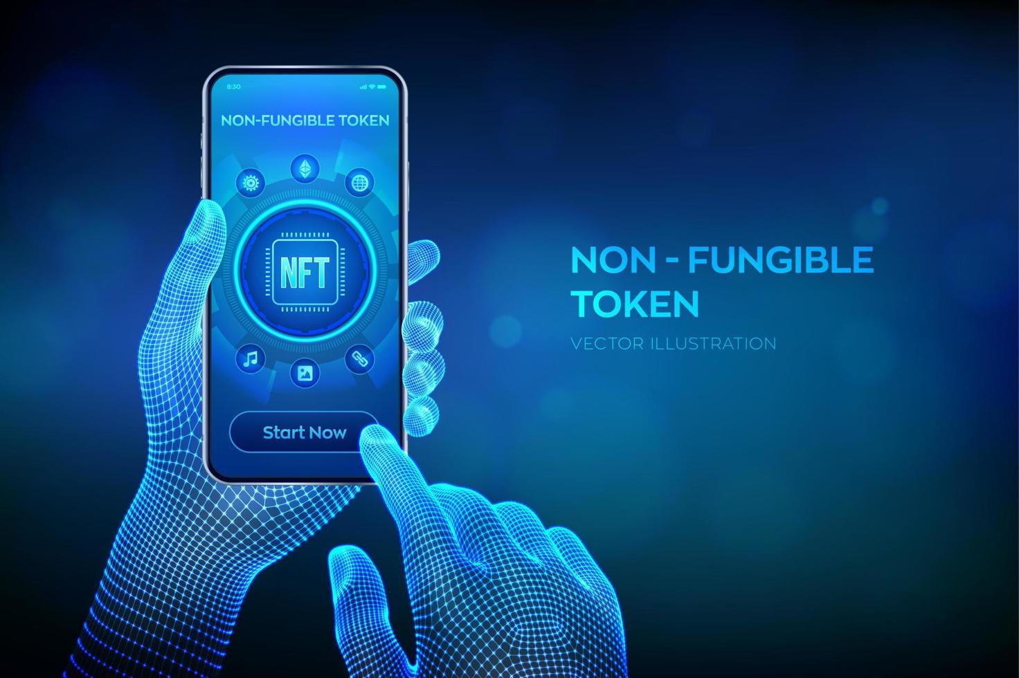 nft. concetto di tecnologia blockchain per l'arte digitale di criptovaluta non fungibile. investimento in crittografia. smartphone primo piano nelle mani wireframe. illustrazione vettoriale. vettore