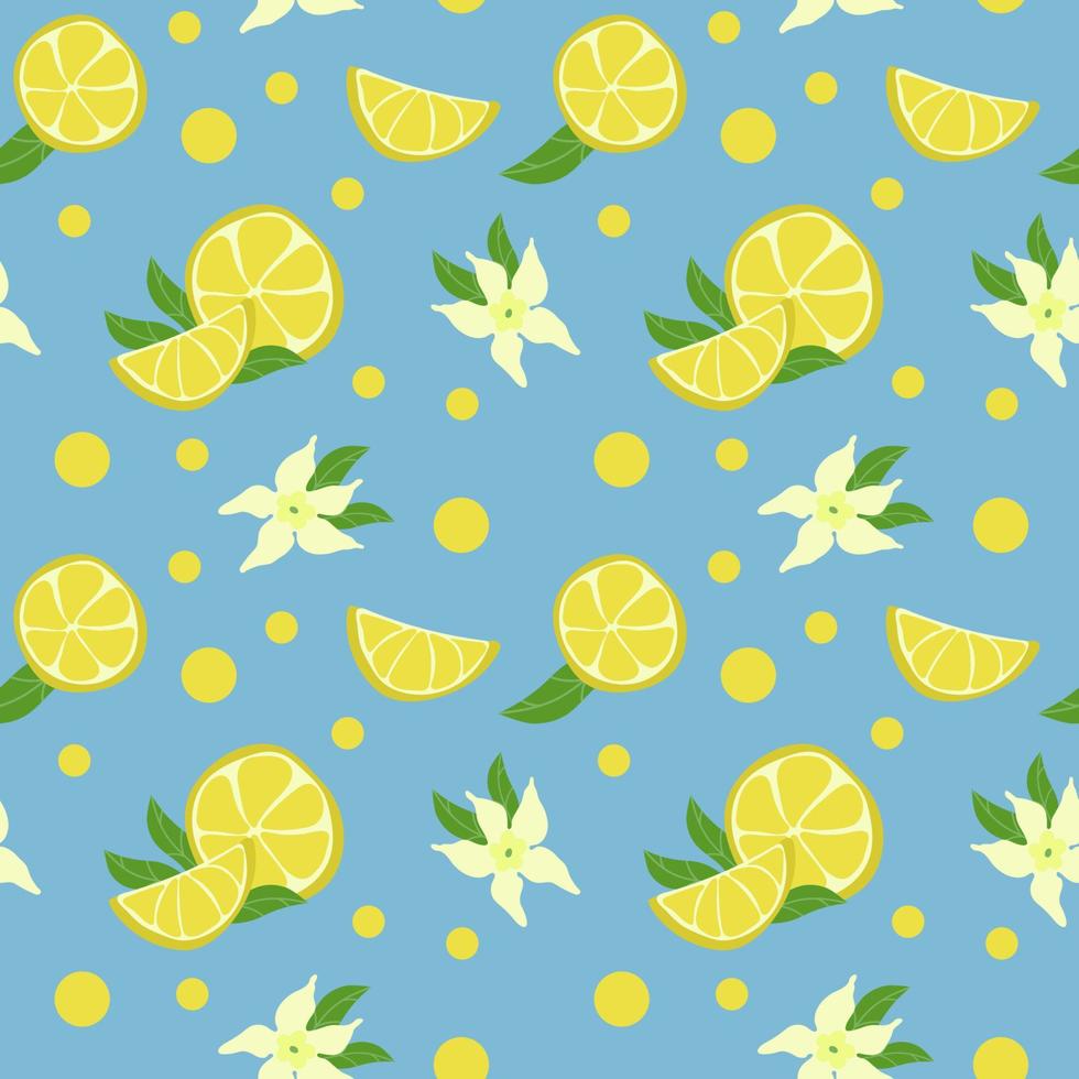 modello senza cuciture di limone, fiori e piselli, elementi disegnati a mano. estate. fette e cerchi di limone. limoni gialli con foglie e fiori su sfondo blu. agrumi. limonata vettore