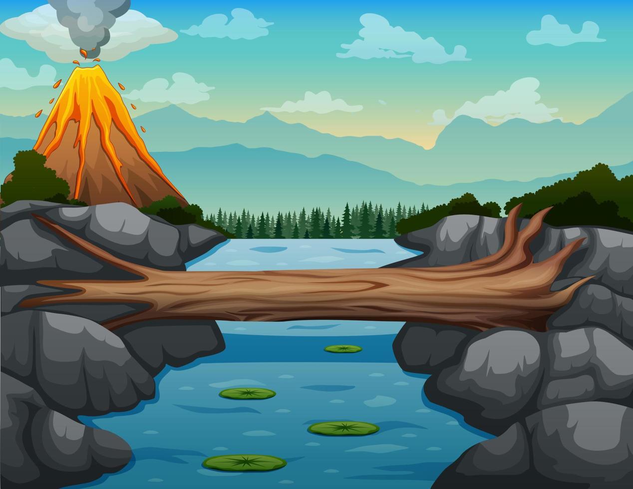 scena di sfondo con un'illustrazione di eruzione del fiume e del vulcano vettore