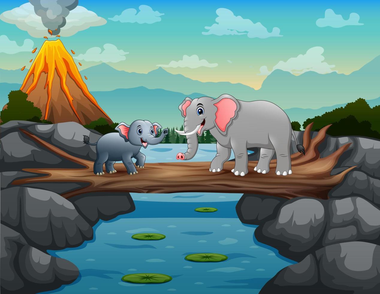 simpatico cartone animato elefante con i suoi cuccioli che attraversano il fiume sul ponte del tronco d'albero vettore