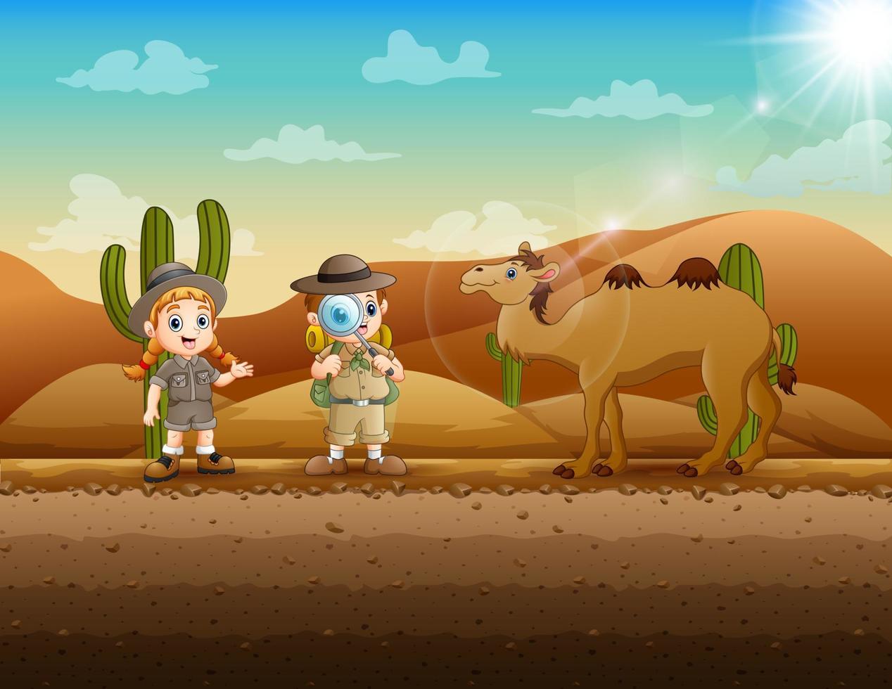 cartone animato l'esploratore ragazzo e ragazza con un cammello nel deserto vettore
