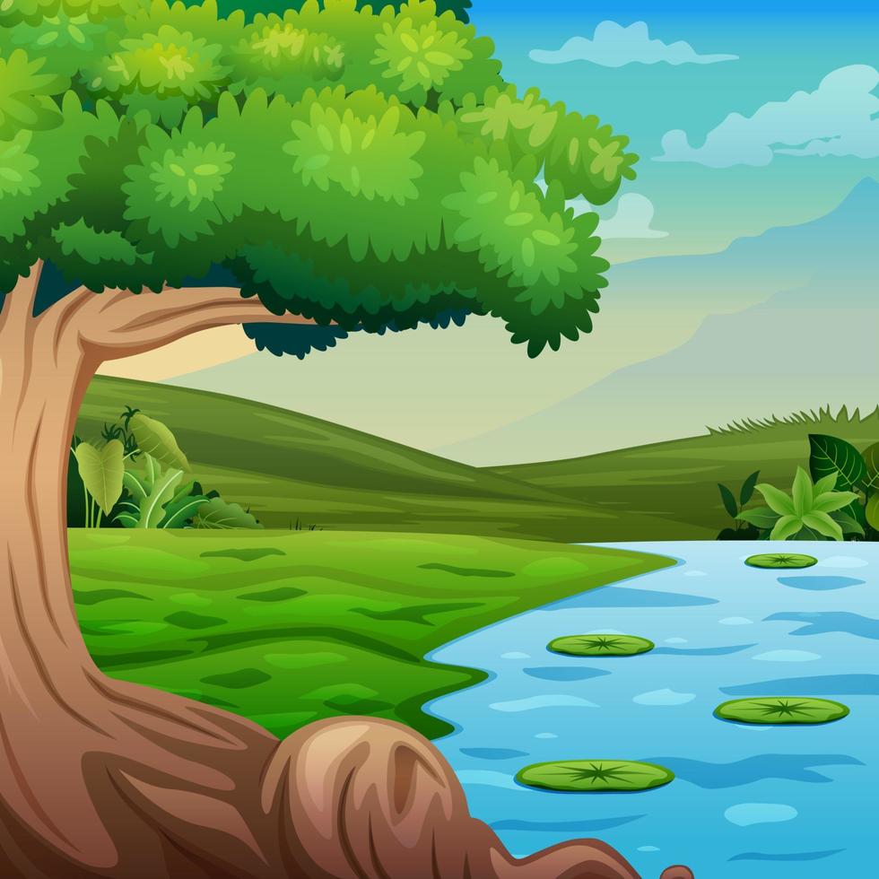 scena di sfondo con un albero vicino al fiume illustrazione vettore