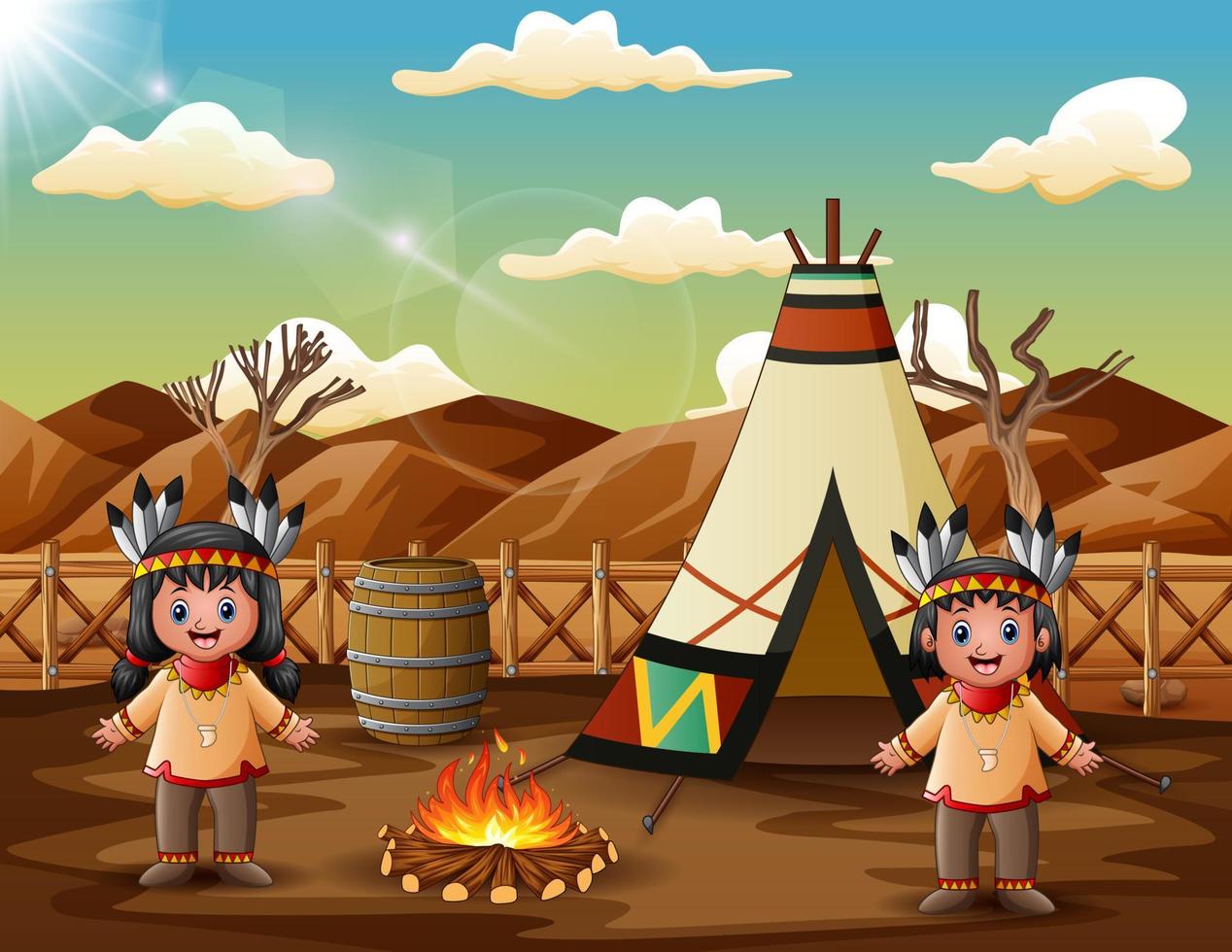 cartone animato di due indiani d'America con tepee in posizione tribale vettore