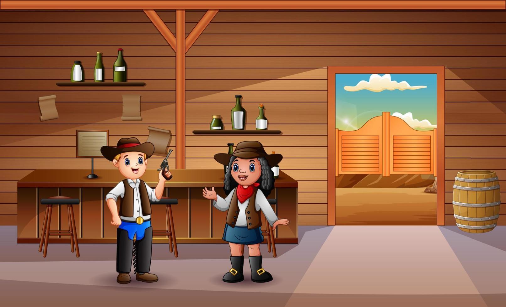 salone occidentale con illustrazione di cowboy e cowgirl vettore