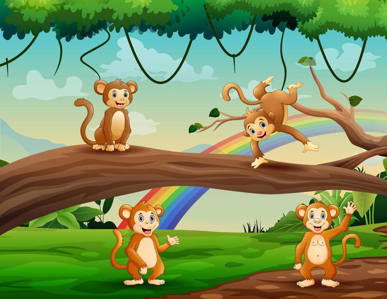 cartone animato di scimmie felici che giocano nella giungla vettore