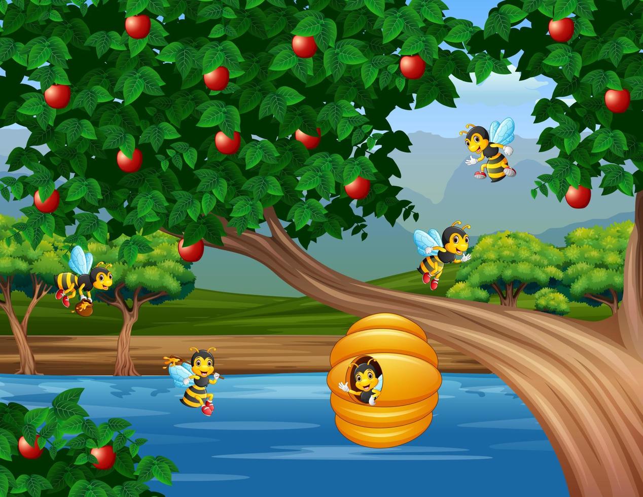 illustrazione di melo con un alveare circondato da api vettore