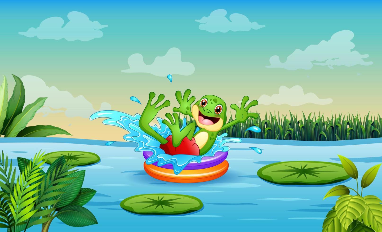 cartone animato rana felice su un cerchio gonfiabile nel fiume vettore