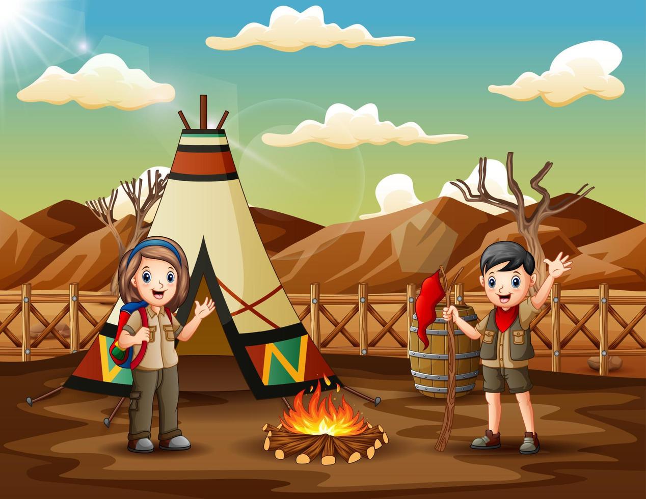felice scout ragazzo e ragazza all'illustrazione del campeggio vettore