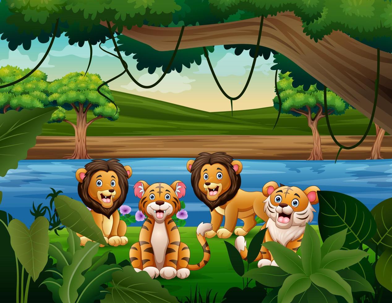 fumetto illustrazione di simpatici leoni e tigri nella natura vettore