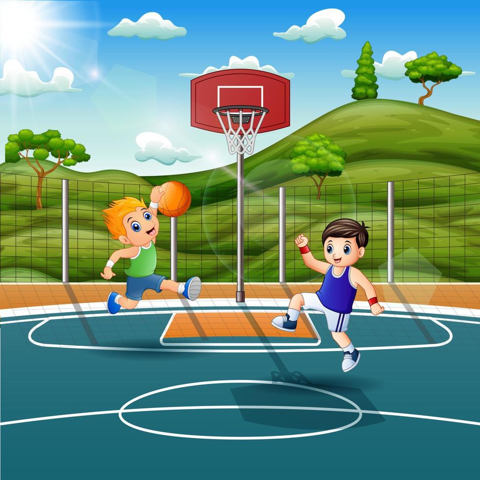 bambini dei cartoni animati che giocano a basket in campo vettore