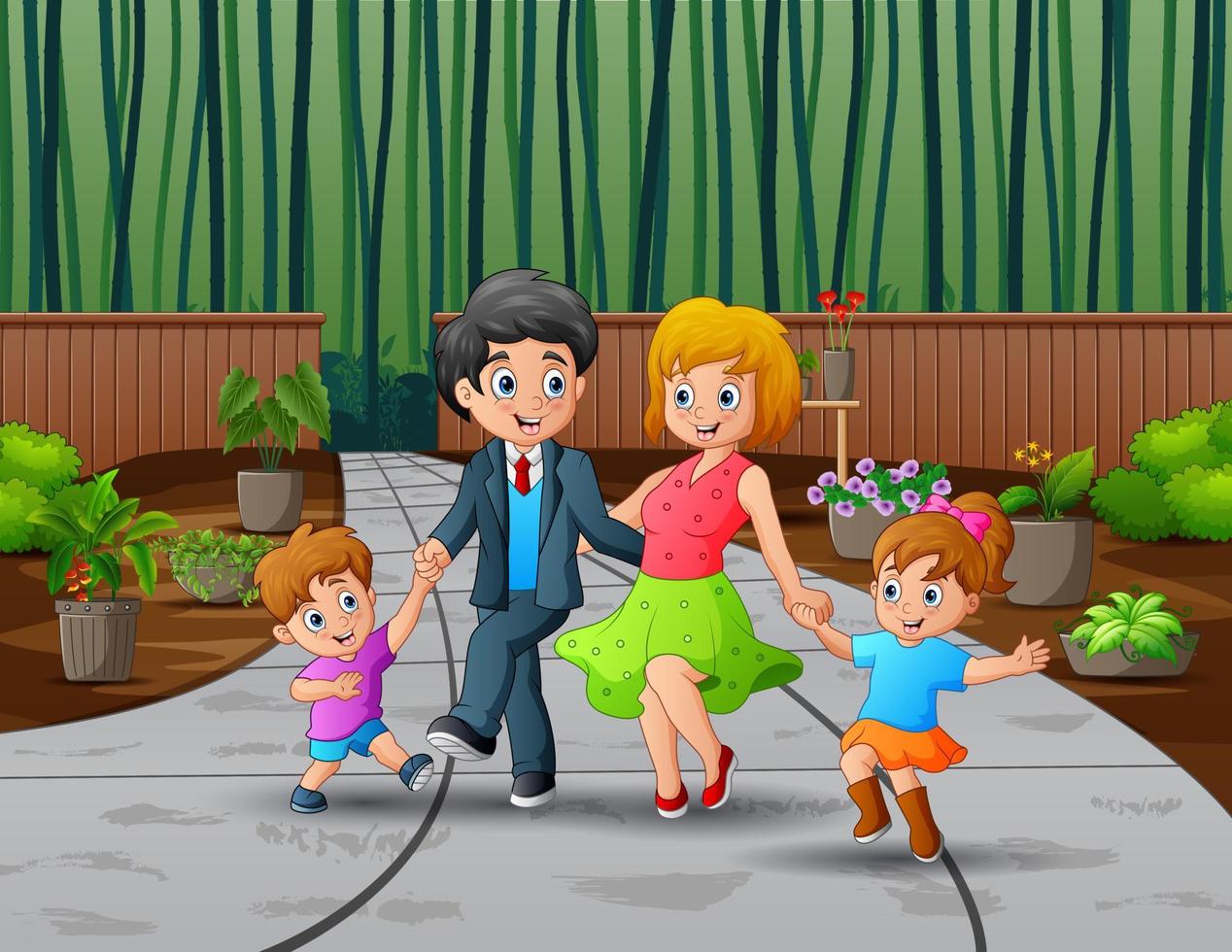 famiglia felice che cammina nell'illustrazione del parco vettore