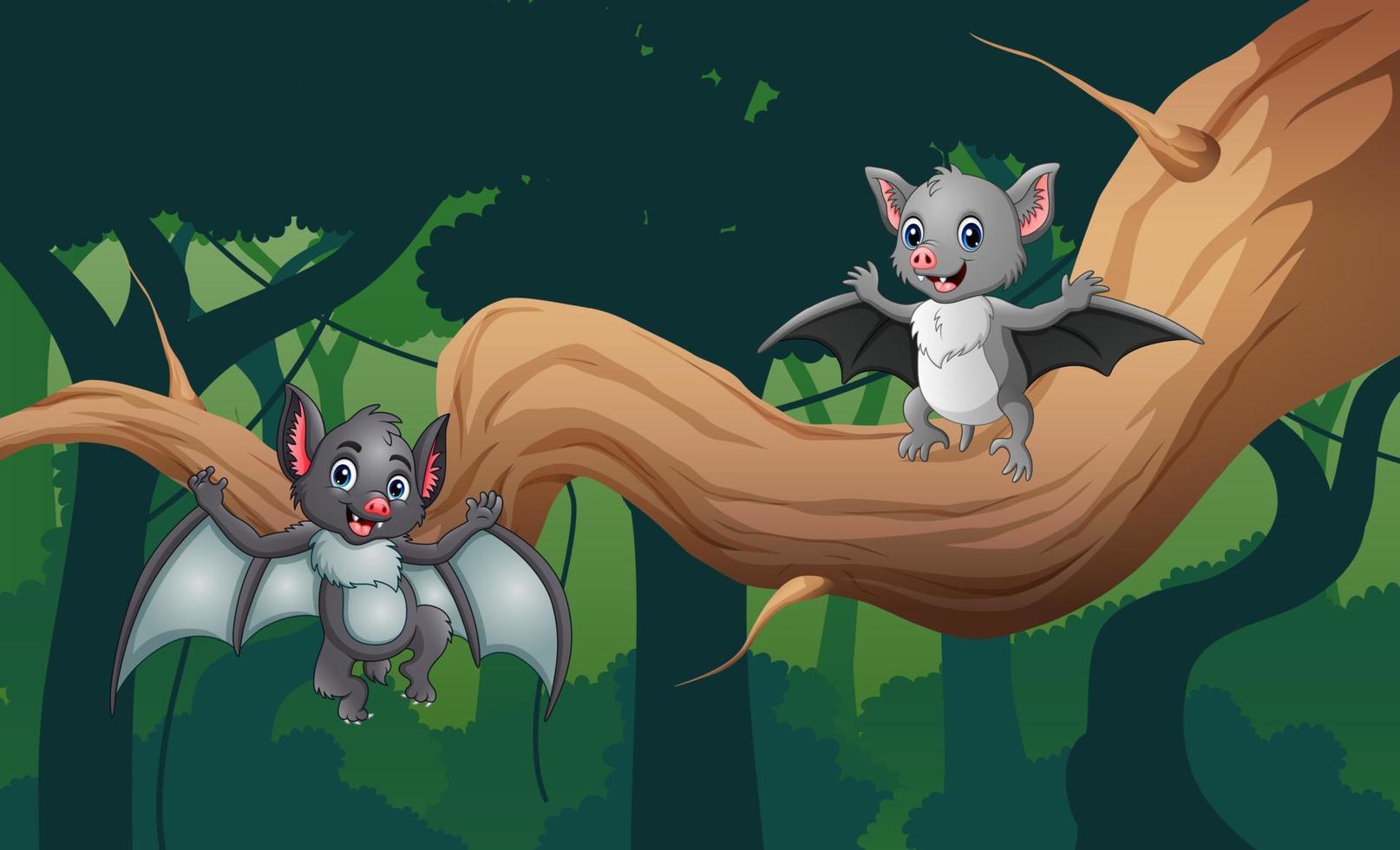 cartone animato due simpatici pipistrelli che volano sopra l'albero vettore