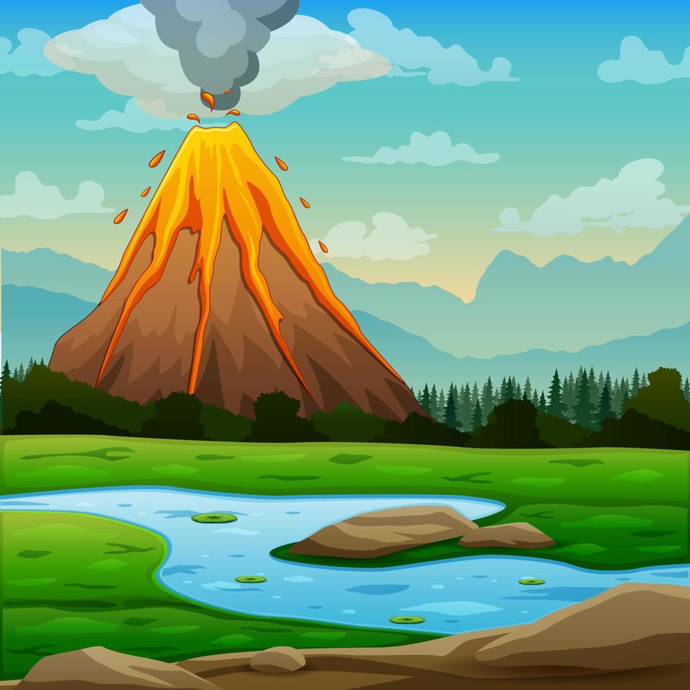 paesaggio naturale con un'illustrazione di eruzione del vulcano vettore
