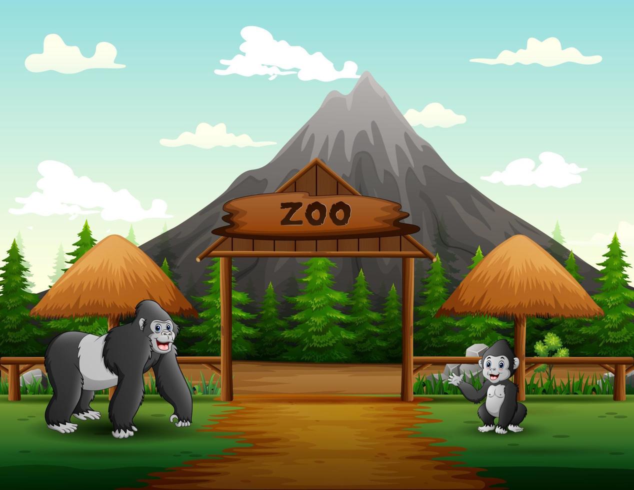 cartone animato un grande gorilla con il suo cucciolo nell'illustrazione aperta dello zoo vettore