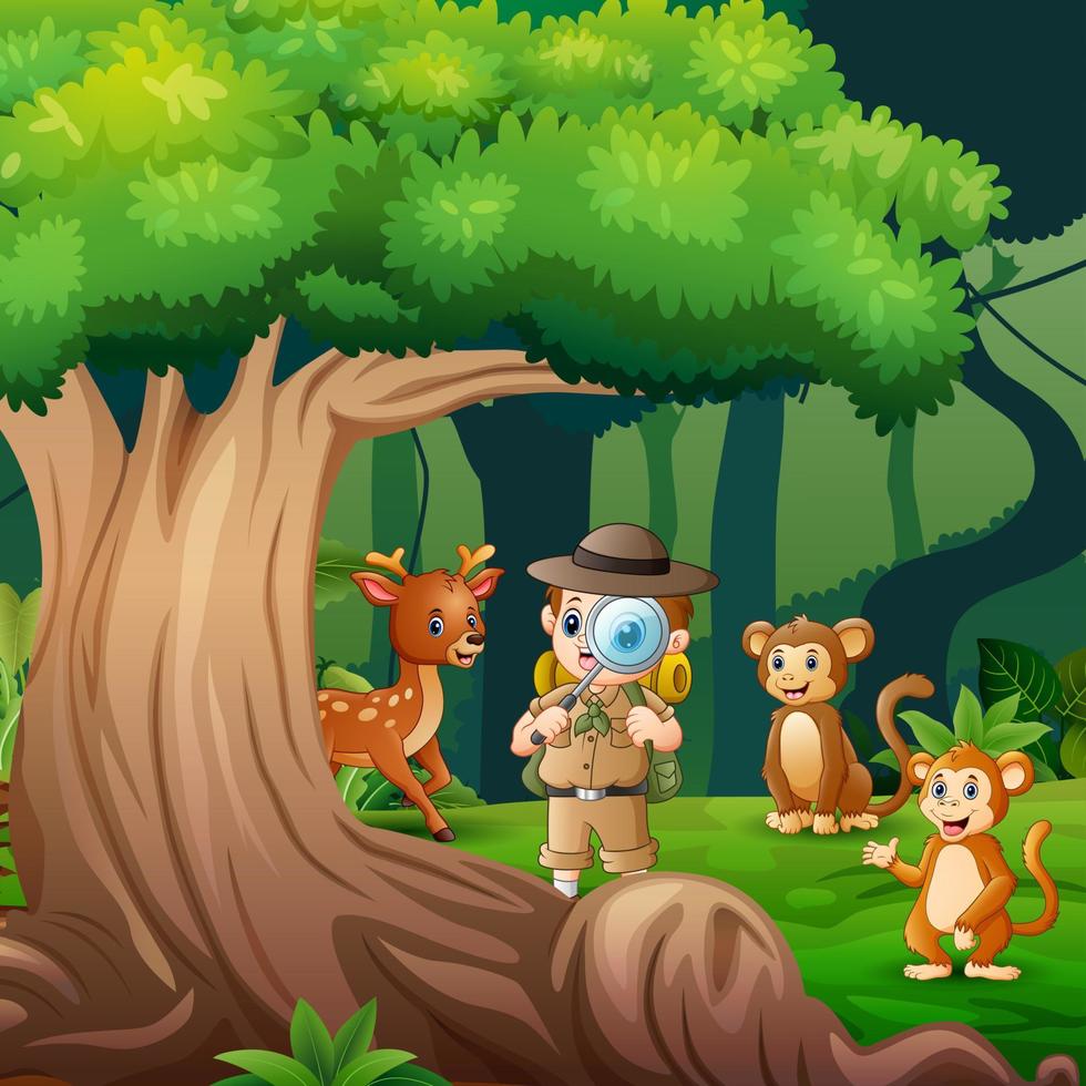 scena di sfondo con esploratore ragazzo e animali nella giungla vettore