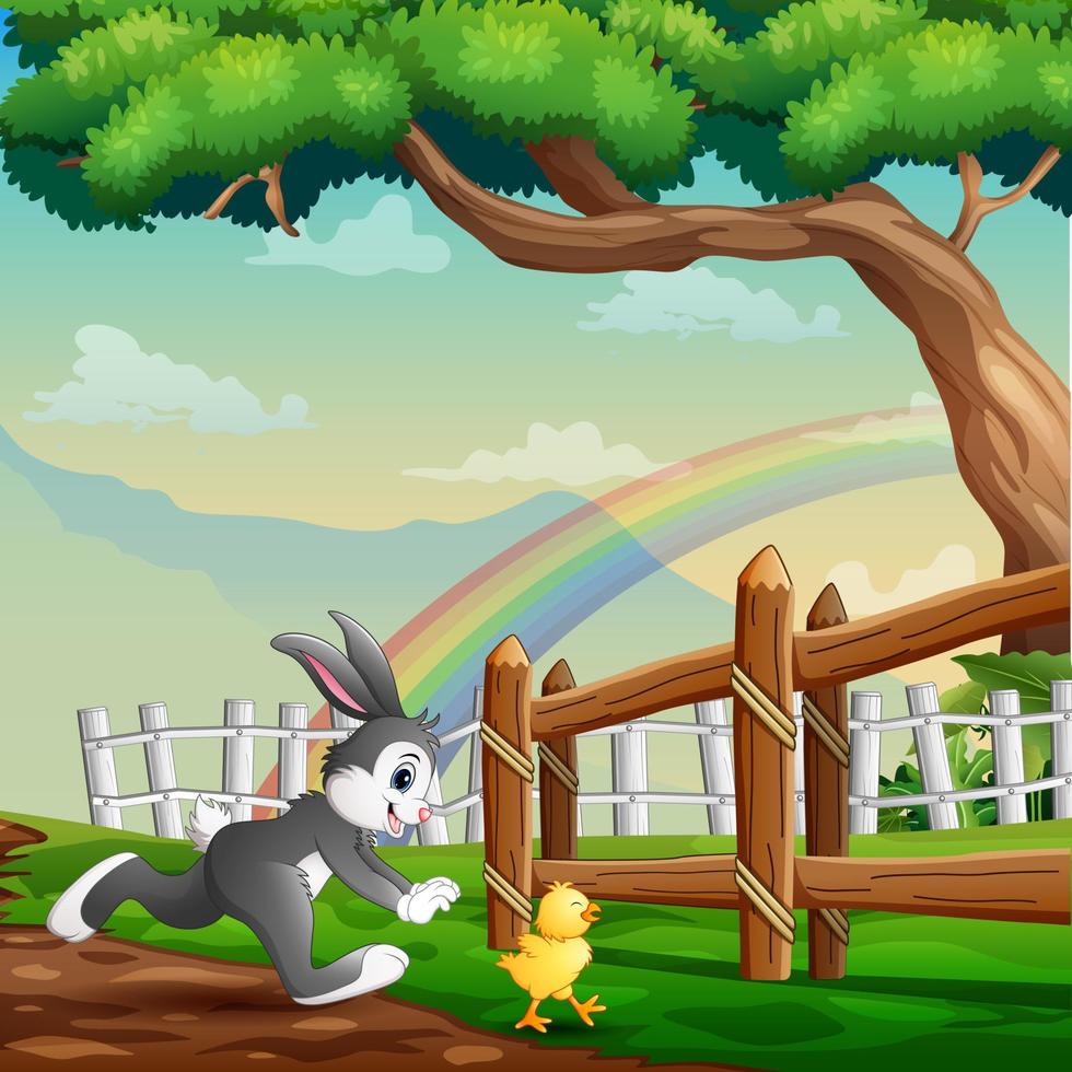 coniglio cartone animato che corre dietro ai pulcini in giardino vettore