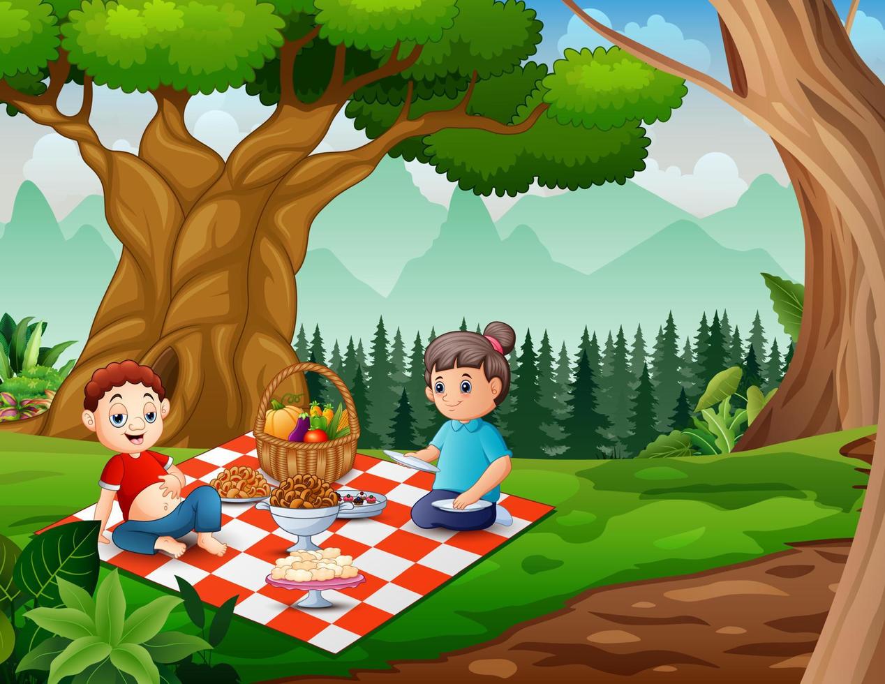 illustrazione di una famiglia felice che fa un picnic nel parco vettore