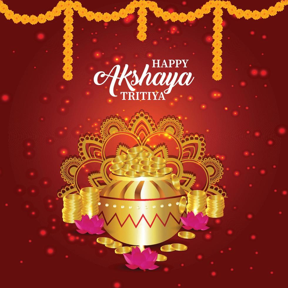 buona festa akshaya tritiya giorno con pentola di monete d'oro vettore