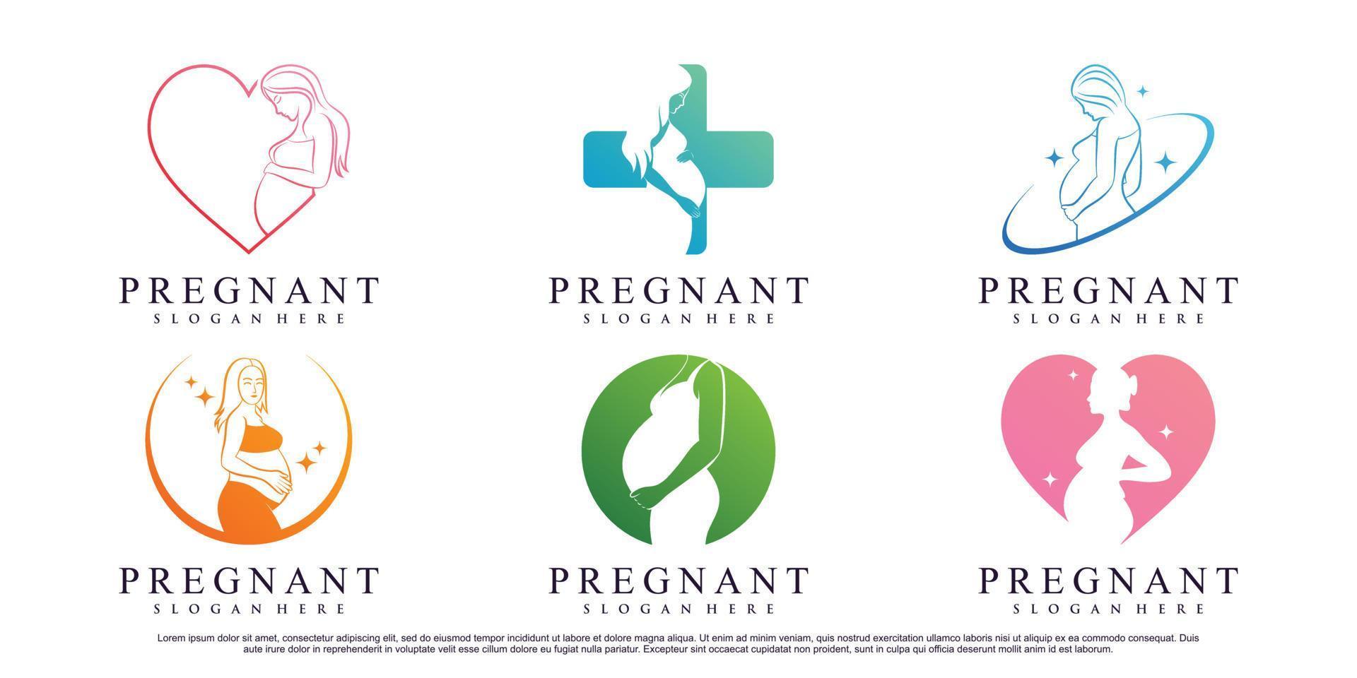 impostare il modello di progettazione del logo della donna incinta del pacchetto con il vettore premium dell'elemento creativo