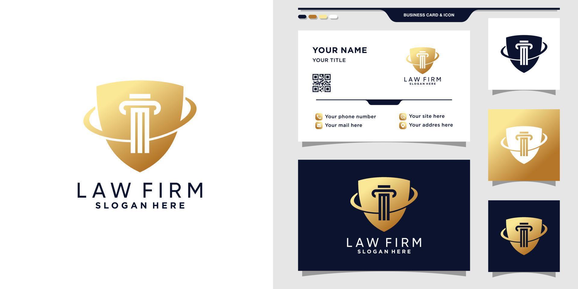 simbolo del logo della legge con design scudo e biglietto da visita. vettore premium