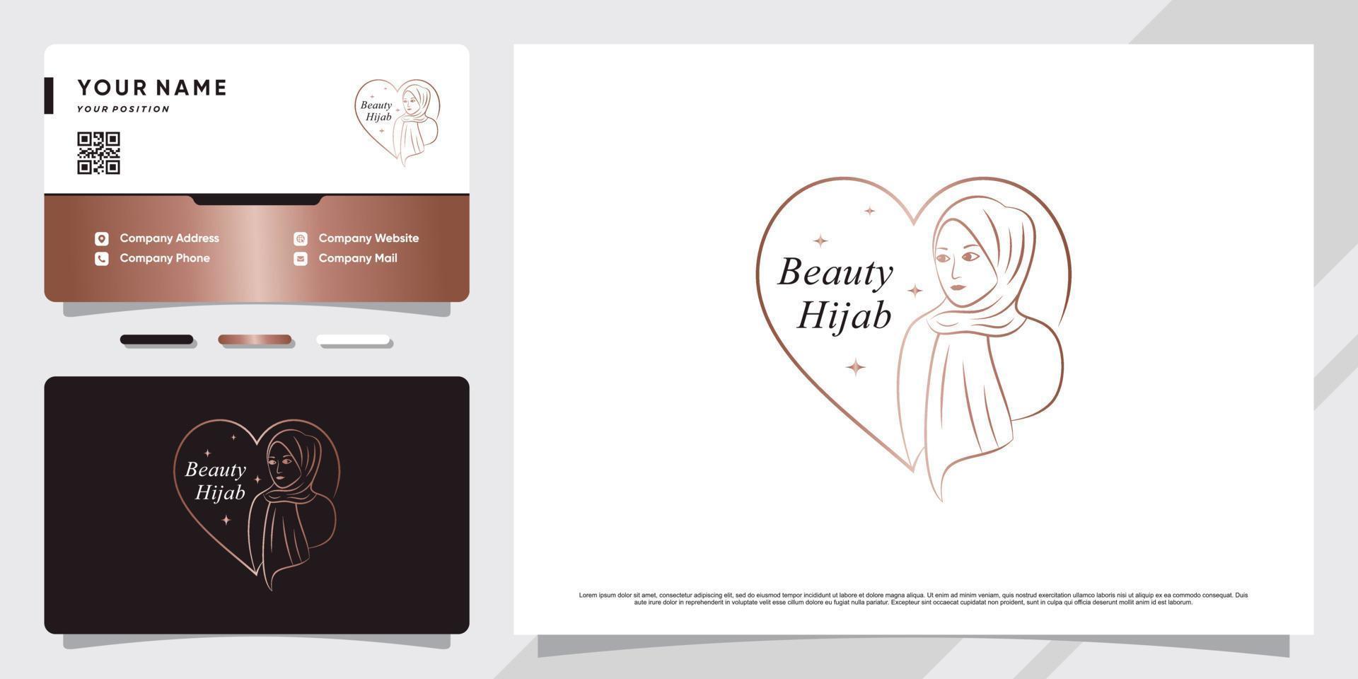 bellezza donna logo musulmano che indossa l'hijab con elemento creativo e biglietto da visita design vettore premium