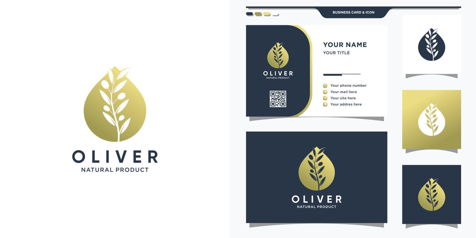 logo oliva con stile goccia d'acqua e concetto moderno, logo di bellezza olio essenziale e design biglietto da visita premium vector