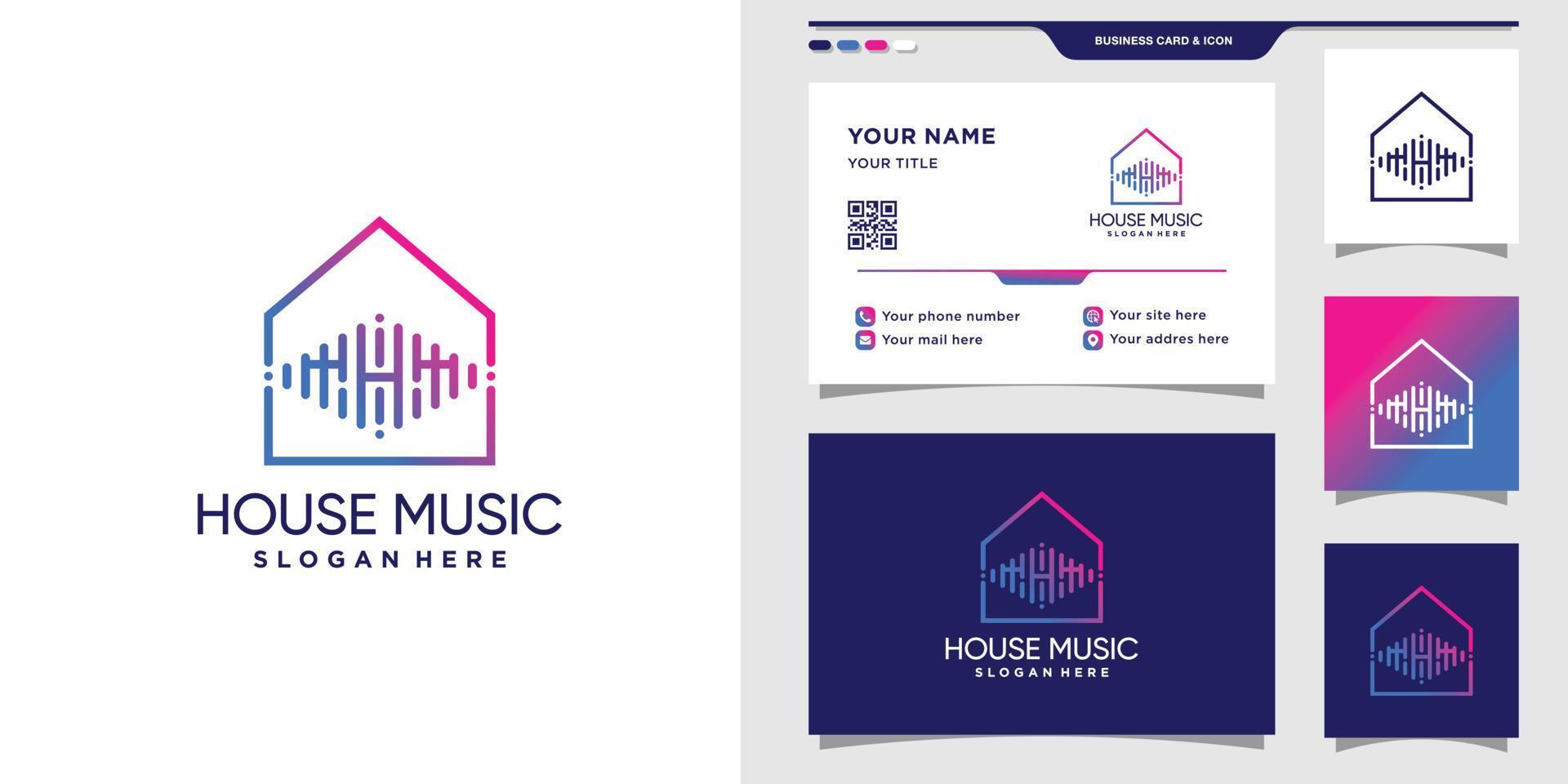 logo della casa della musica con stile artistico al tratto e vettore premium di design del biglietto da visita