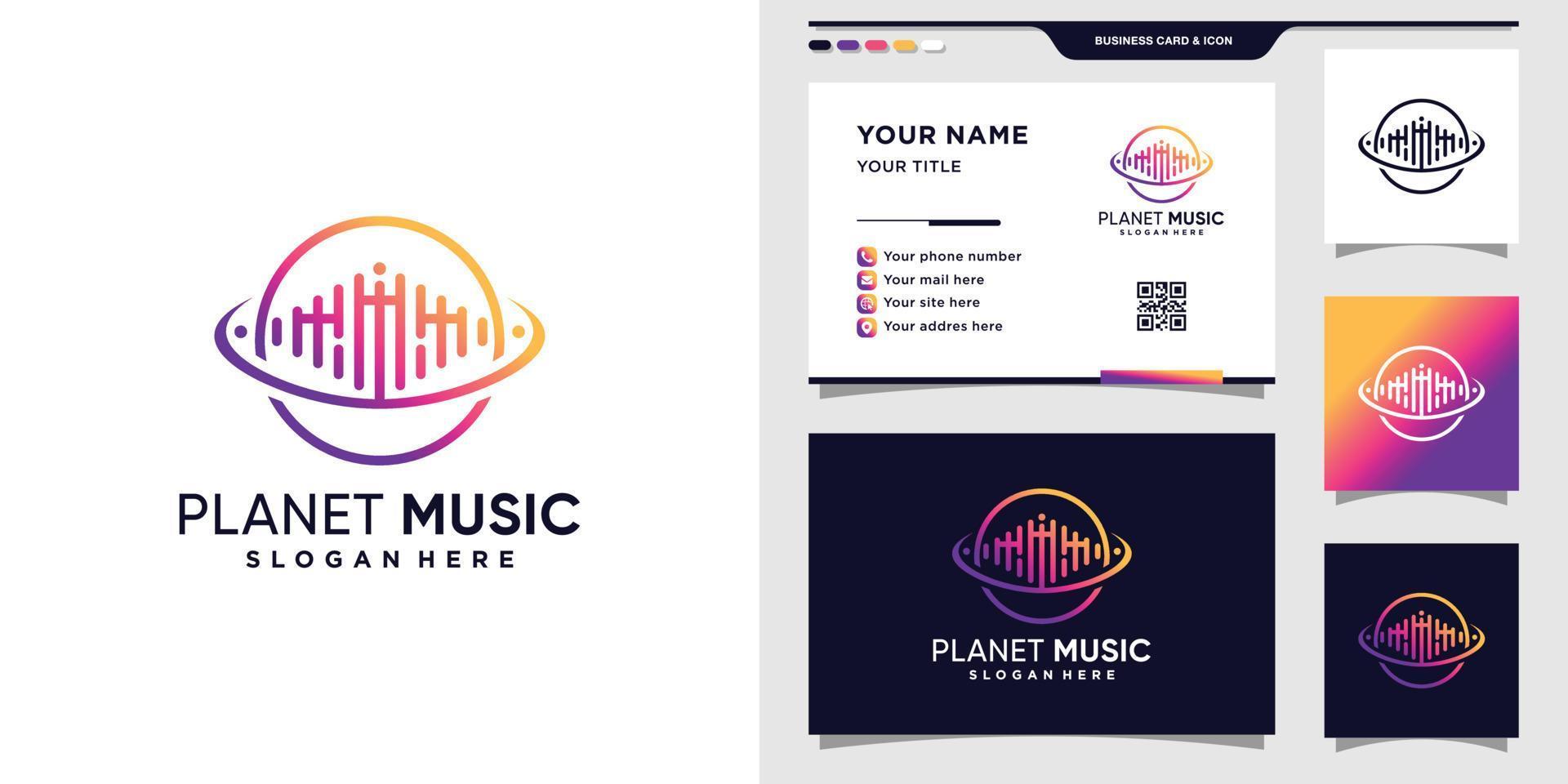 logo della musica del pianeta con stile artistico al tratto e concetto moderno. logo musicale di ispirazione e design del biglietto da visita vettore premium