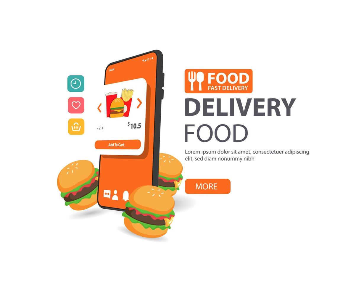 ordinazione di cibo online. illustrazione di concetto di vettore dello schermo dello smartphone mobile con il cibo dell'hamburger.